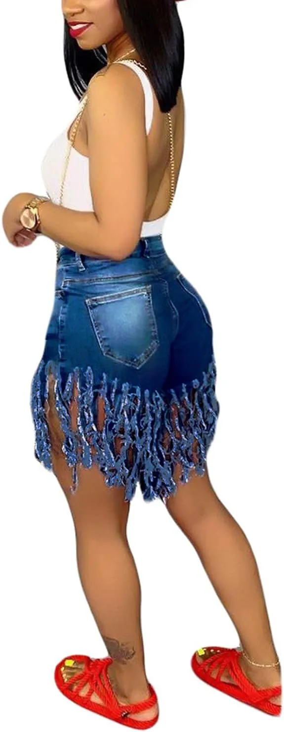 SIAEAMRG Women's Juniors Denim Shorts, High Waisted Frayed Raw Hem Tassels Short Pants Jeans