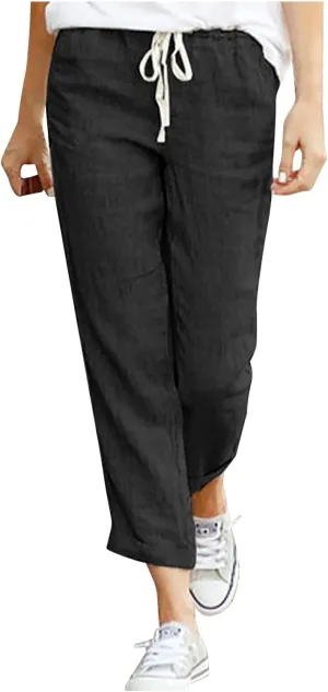 SMIDOW Linen Pants for Women Drawstring Elastic Waist Cotton Pants Cuffed Hem Ankle Trousers Straight Leg Capris Pants