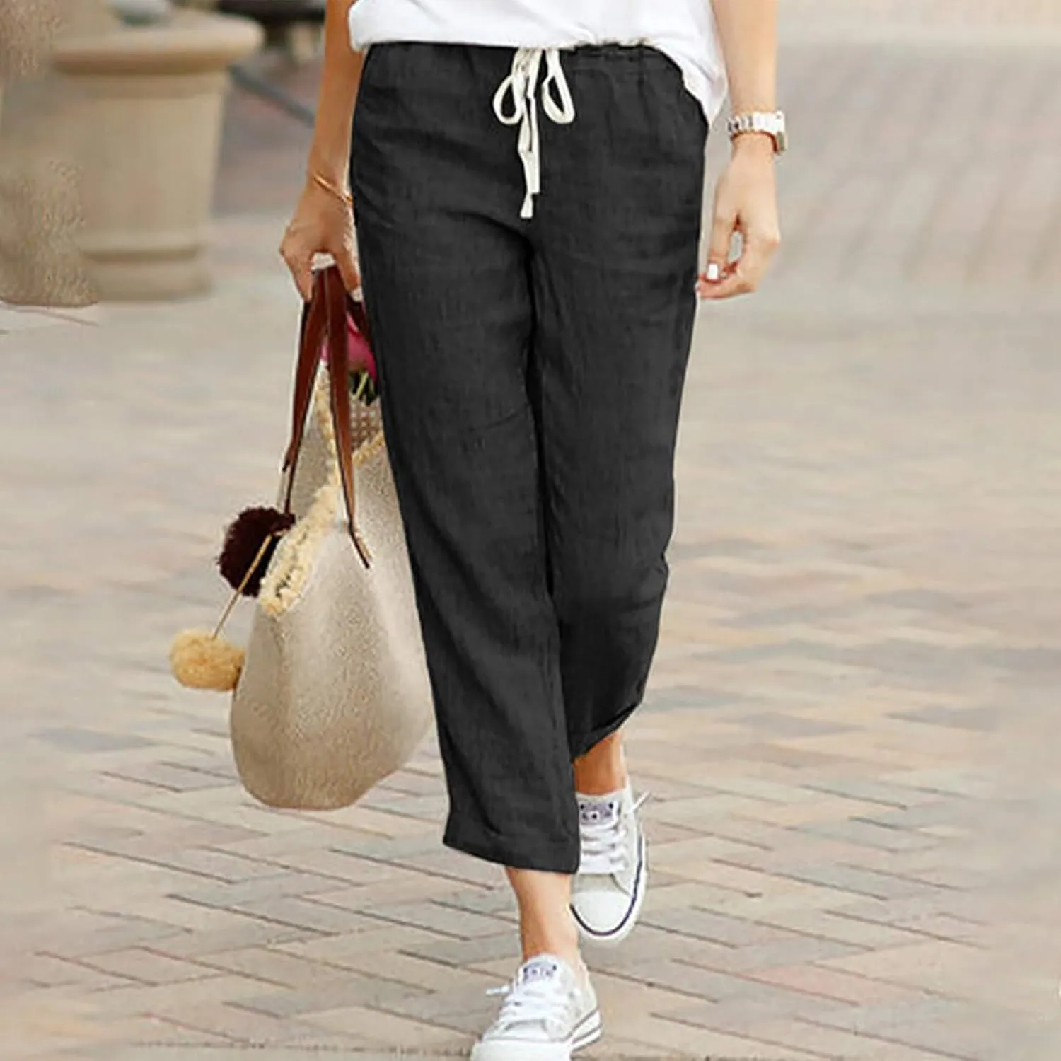 SMIDOW Linen Pants for Women Drawstring Elastic Waist Cotton Pants Cuffed Hem Ankle Trousers Straight Leg Capris Pants