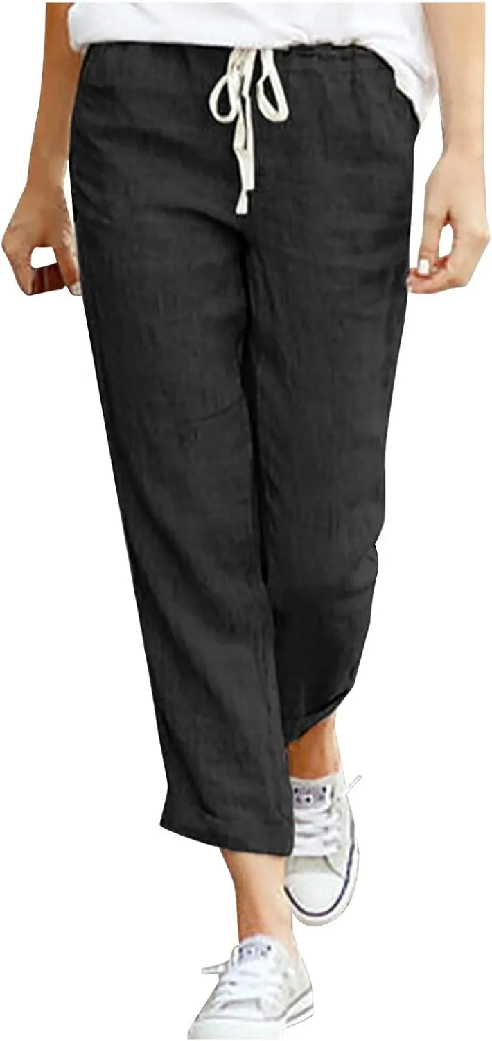 SMIDOW Linen Pants for Women Drawstring Elastic Waist Cotton Pants Cuffed Hem Ankle Trousers Straight Leg Capris Pants