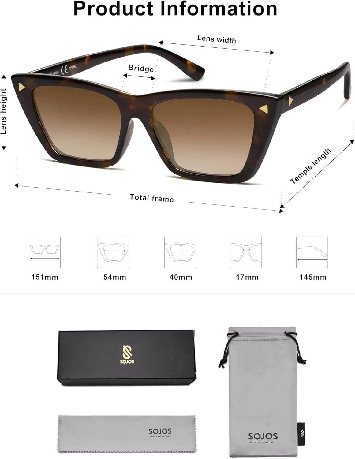SOJOS Trendy Sunglasses Womens Cute Cat Eye Polarized Square Women Designer Shades SJ2297