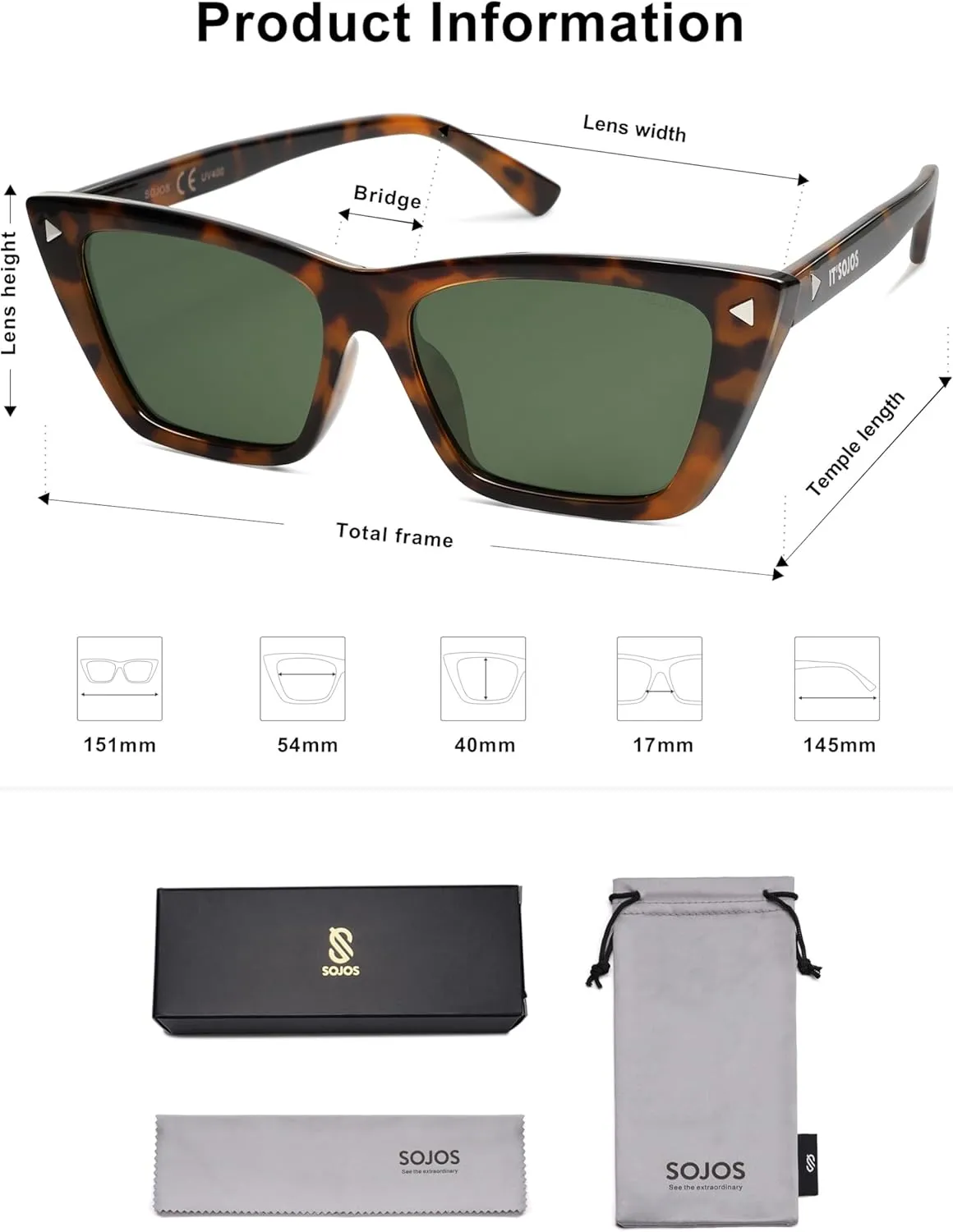 SOJOS Trendy Sunglasses Womens Cute Cat Eye Polarized Square Women Designer Shades SJ2297