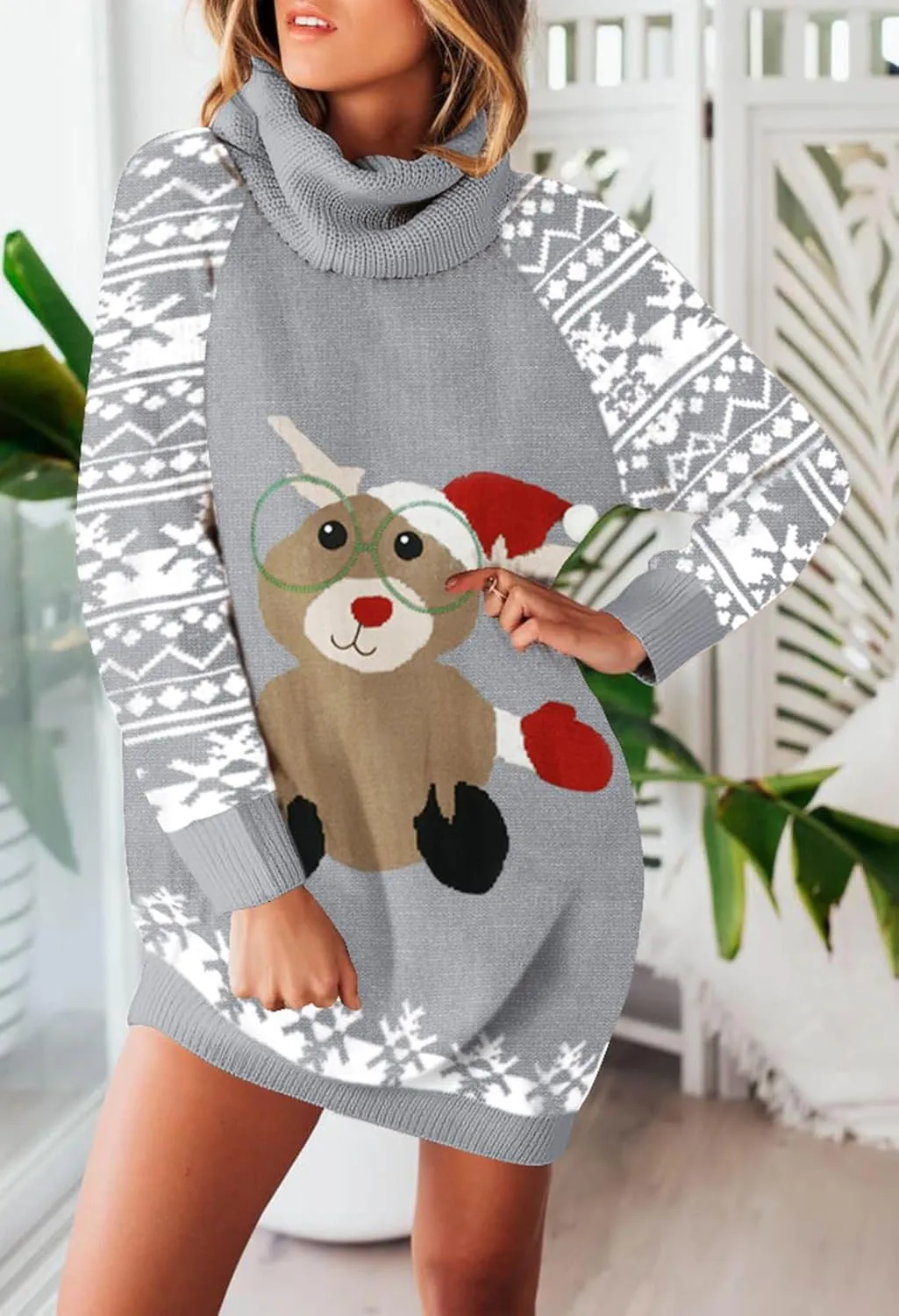 Sovoyontee Women's Cute Ugly Christmas Oversized Sweater Dress with Pockets, Tribal Pattern