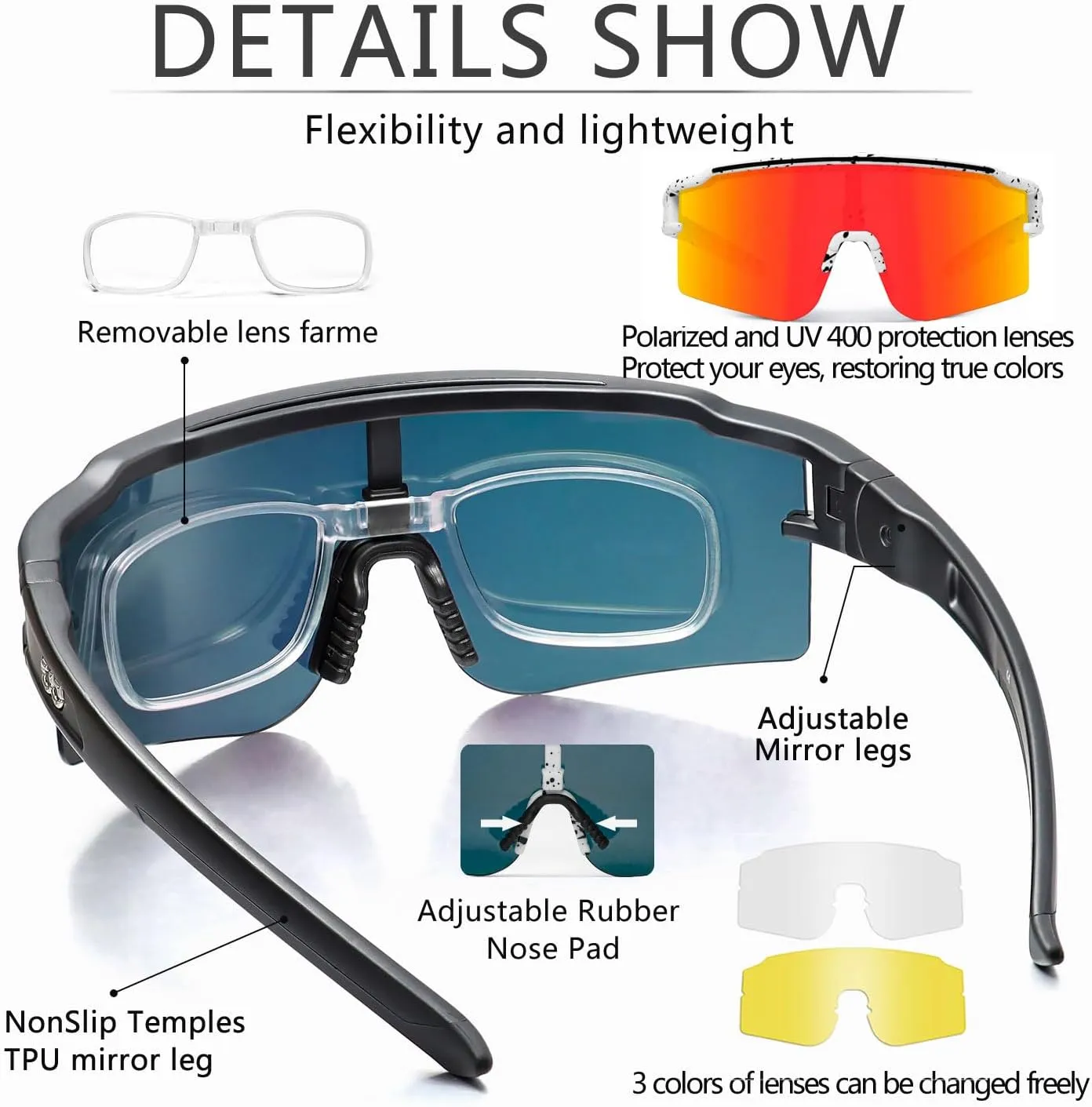 SPOSUNE Polarized Cycling Glasses with 3 Interchangeable Lenses for Women Men, TR90 Sports Sunglasses Running Baseball