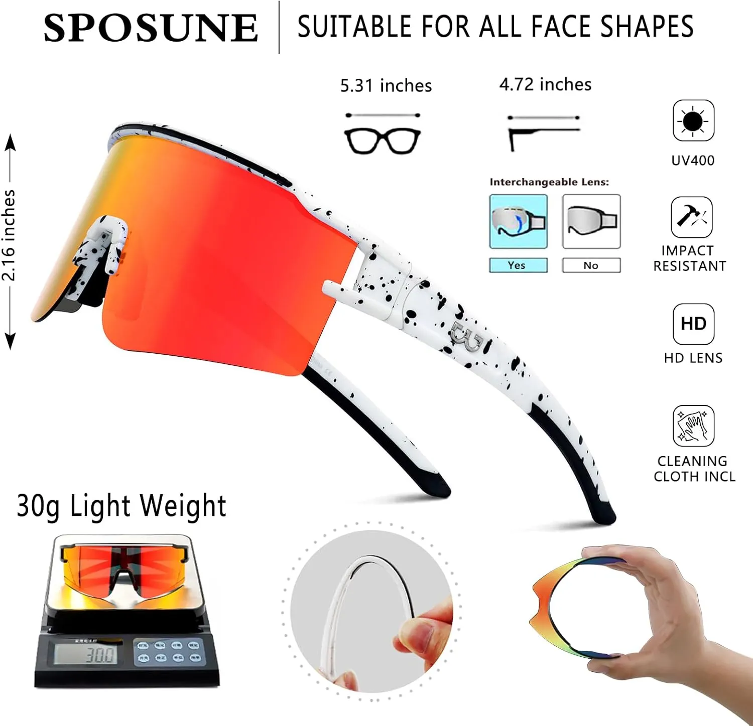 SPOSUNE Polarized Cycling Glasses with 3 Interchangeable Lenses for Women Men, TR90 Sports Sunglasses Running Baseball
