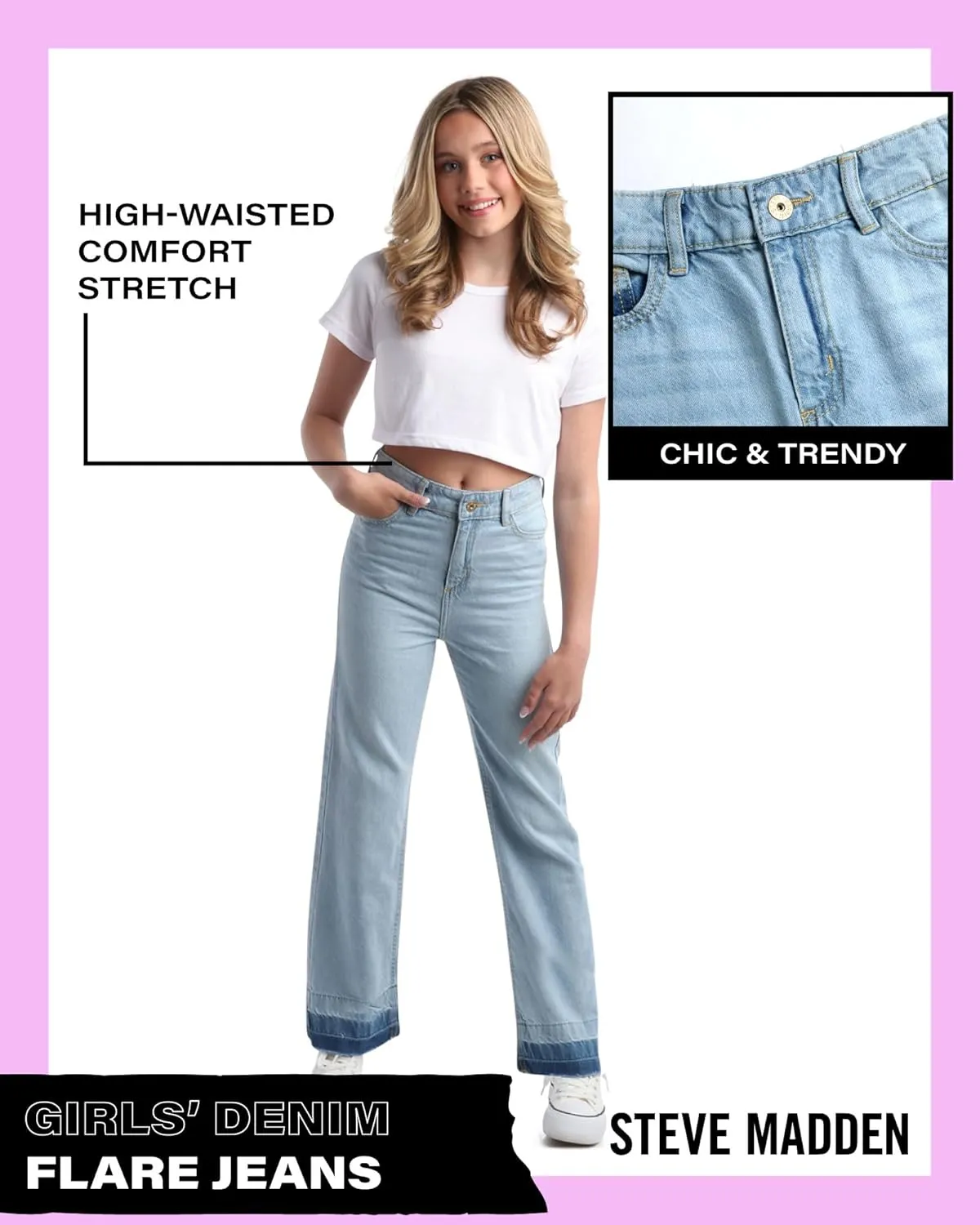 Steve Madden Girls' Jeans - Palazzo Wide Leg Flare Jeans - Casual High Waisted Stretch Denim Baggy Jeans for Girls (4-16)