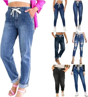 Straight Leg Jeans for Women Drawstring Elastic Waist Pull On Jeans Stretchy Boyfriend Baggy Cropped Denim Joggers