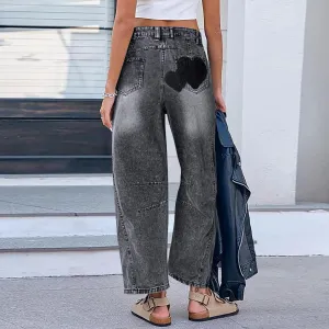 Straight Leg Jeans for Women High Waist Heart Printed Baggy Denim Pants Vintage Seam Front Wide Leg Jeans