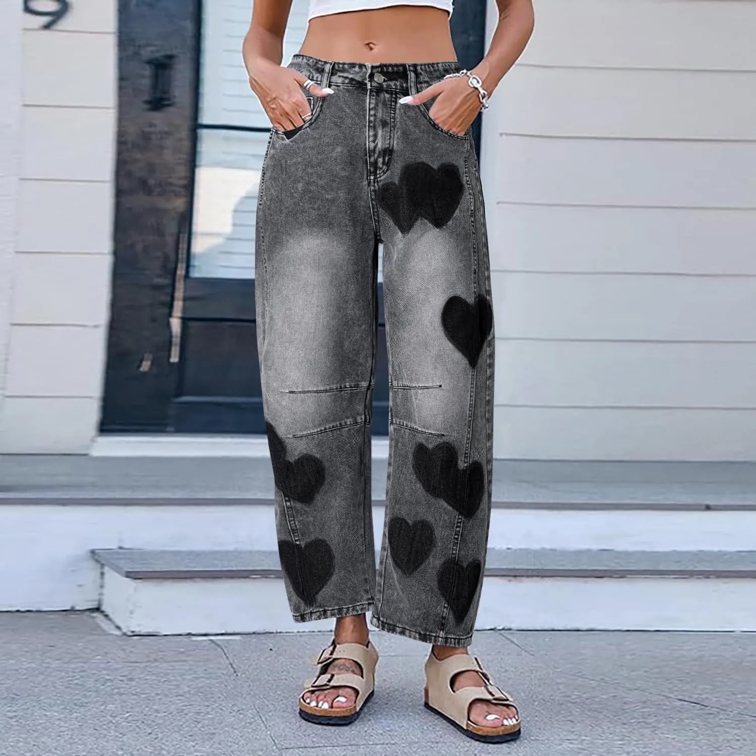 Straight Leg Jeans for Women High Waist Heart Printed Baggy Denim Pants Vintage Seam Front Wide Leg Jeans