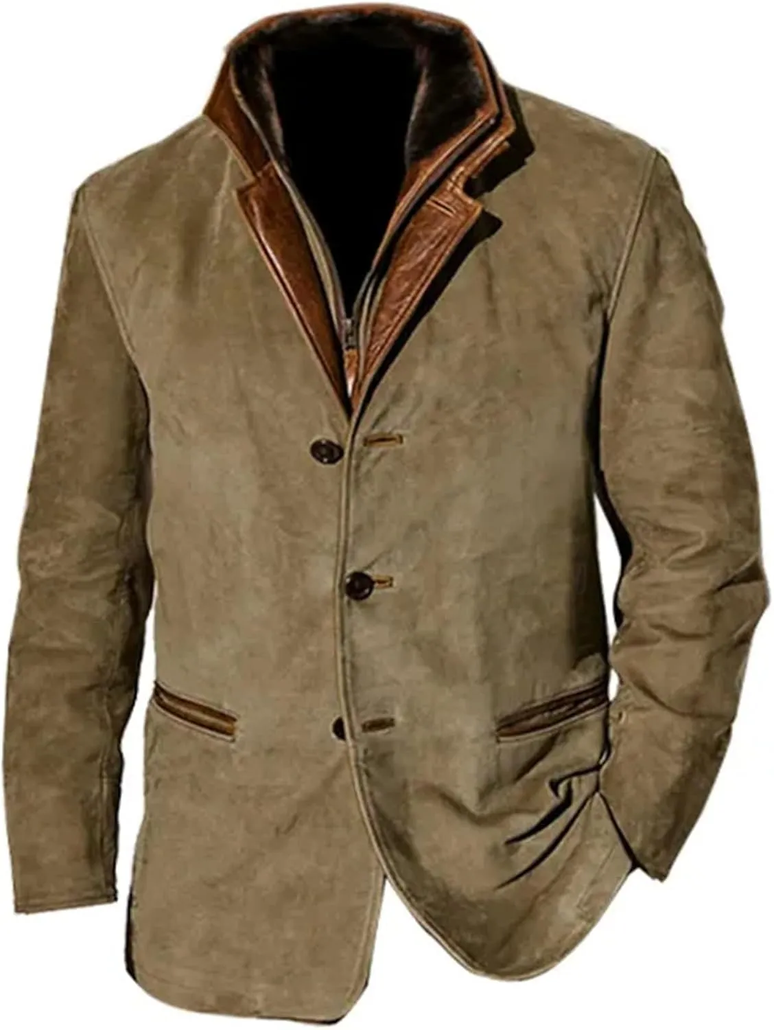Suede Blazer for Men Faux Leather Suit Jacket Distressed Notch Lapel Buttons Sport Coat Zipper Trucker Western Jacket