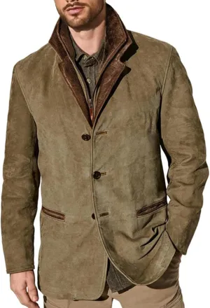 Suede Blazer for Men Faux Leather Suit Jacket Distressed Notch Lapel Buttons Sport Coat Zipper Trucker Western Jacket