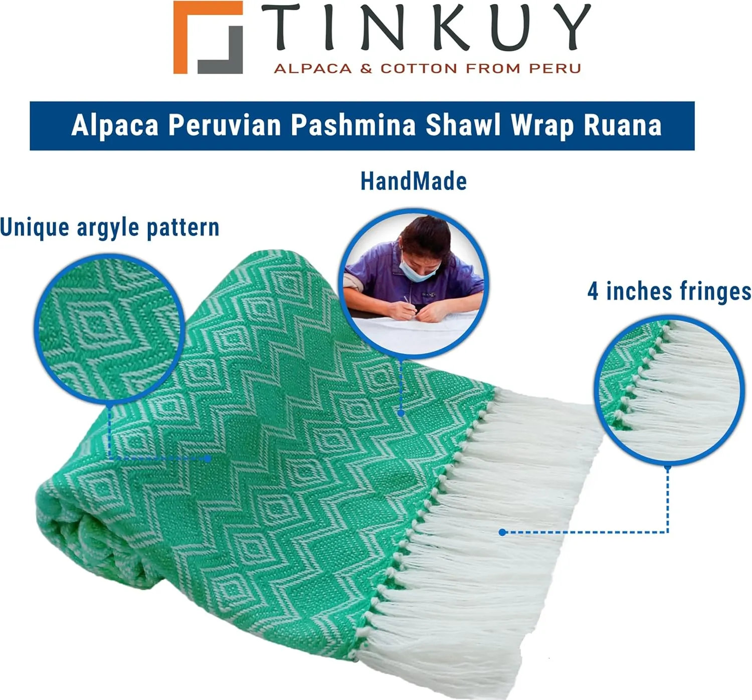 TINKUY PERU Alpaca Peruvian Pashmina Shawl Wrap Ruana 61 x 22 inches, One Size