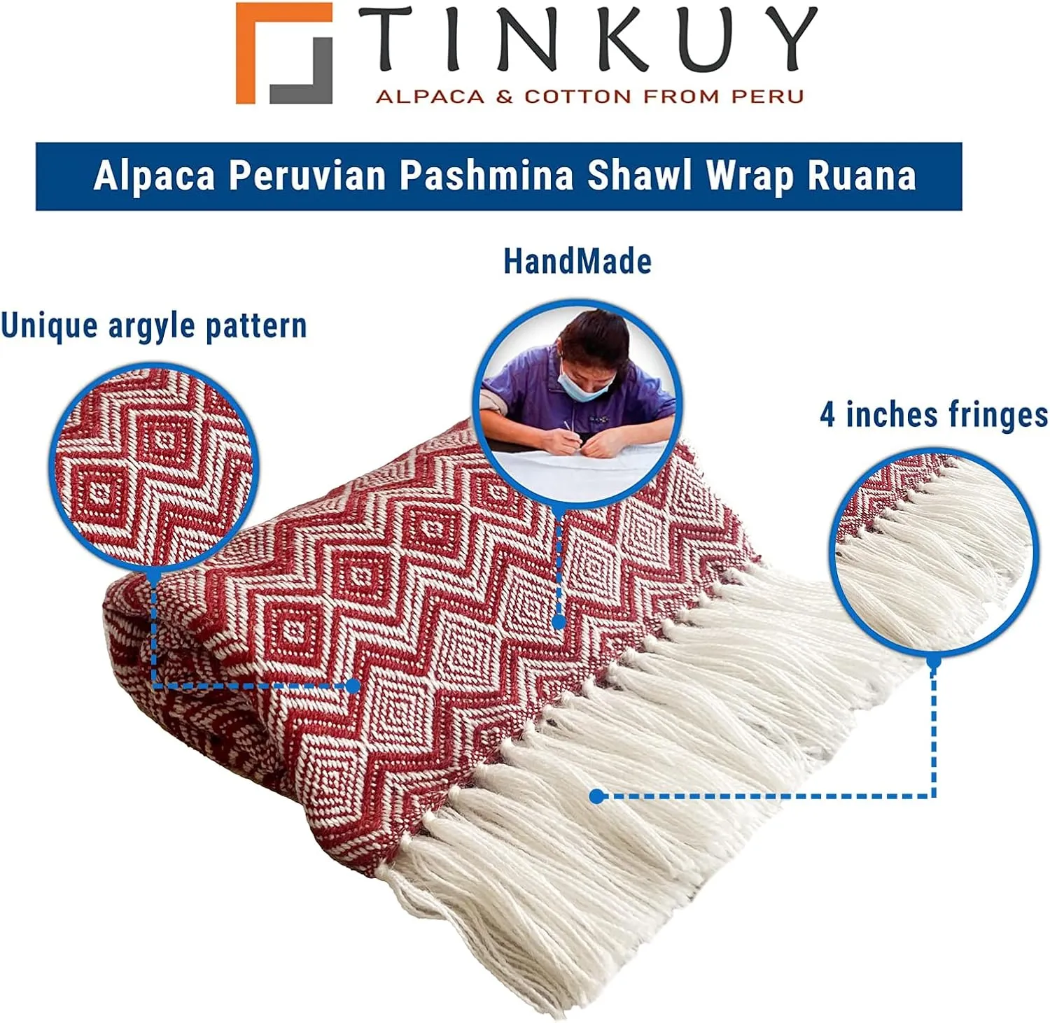 TINKUY PERU Alpaca Peruvian Pashmina Shawl Wrap Ruana 61 x 22 inches, One Size