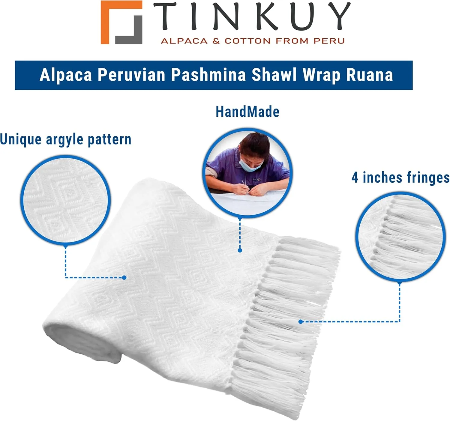TINKUY PERU Alpaca Peruvian Pashmina Shawl Wrap Ruana 61 x 22 inches, One Size