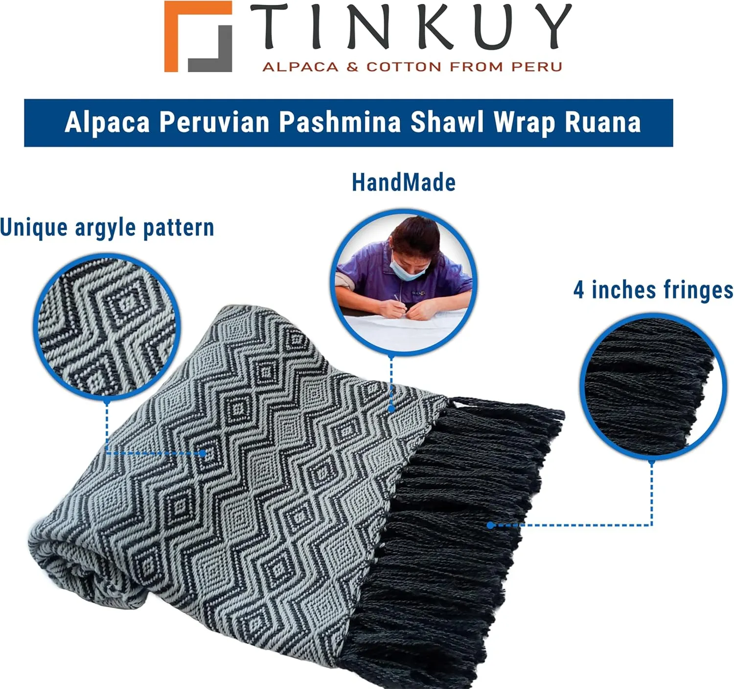 TINKUY PERU Alpaca Peruvian Pashmina Shawl Wrap Ruana 61 x 22 inches, One Size