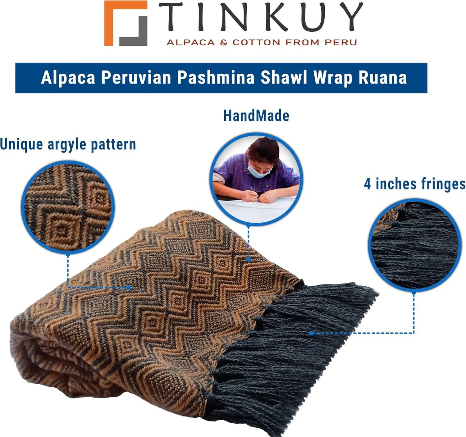 TINKUY PERU Alpaca Peruvian Pashmina Shawl Wrap Ruana 61 x 22 inches, One Size