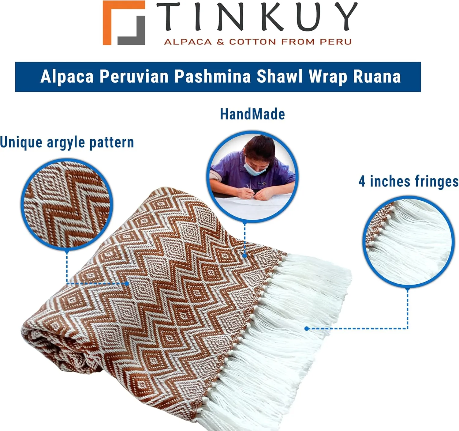 TINKUY PERU Alpaca Peruvian Pashmina Shawl Wrap Ruana 61 x 22 inches, One Size