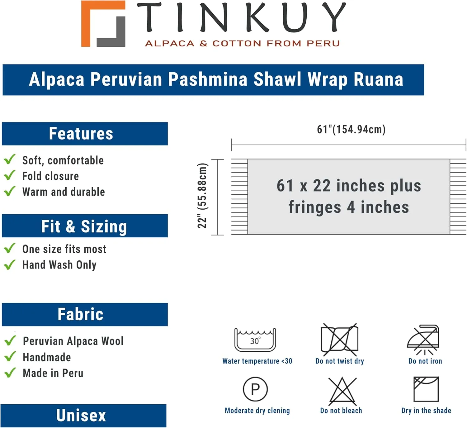 TINKUY PERU Alpaca Peruvian Pashmina Shawl Wrap Ruana 61 x 22 inches, One Size