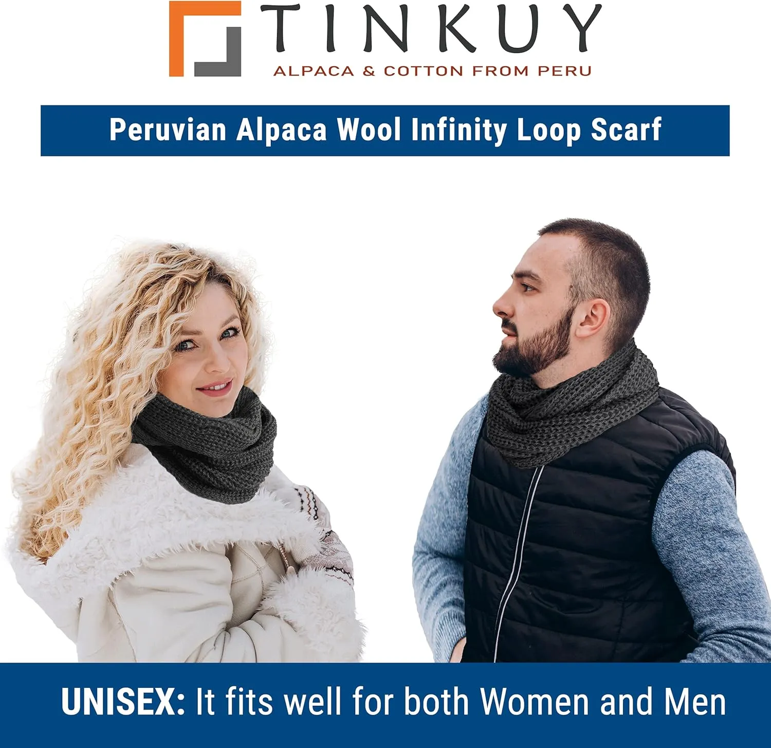 TINKUY PERU Chunky Knitted Scarf, Warm Authentic Peruvian Alpaca Wool Infinity Snood Scarf for Winter, Unisex, One Size