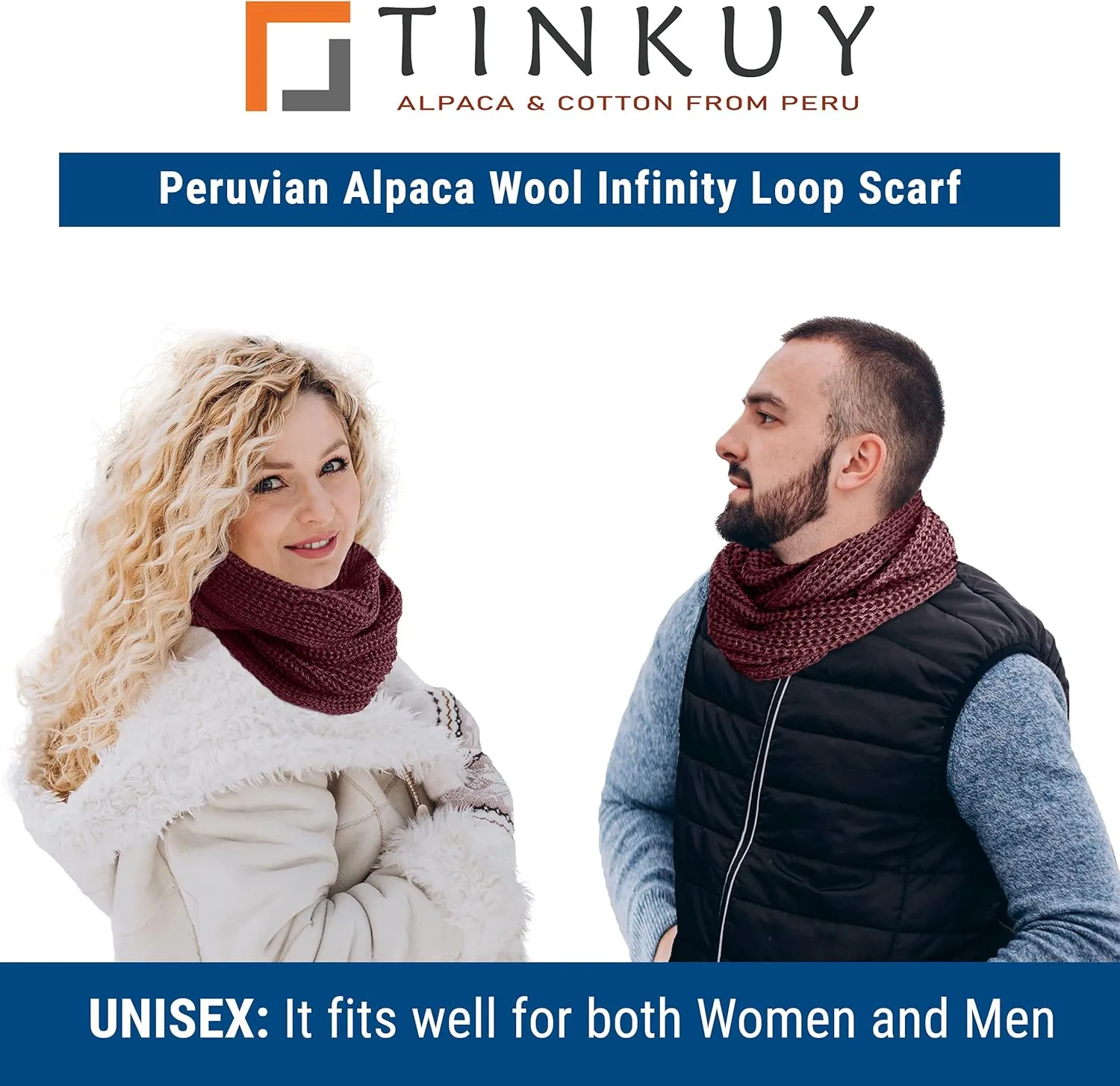 TINKUY PERU Chunky Knitted Scarf, Warm Authentic Peruvian Alpaca Wool Infinity Snood Scarf for Winter, Unisex, One Size