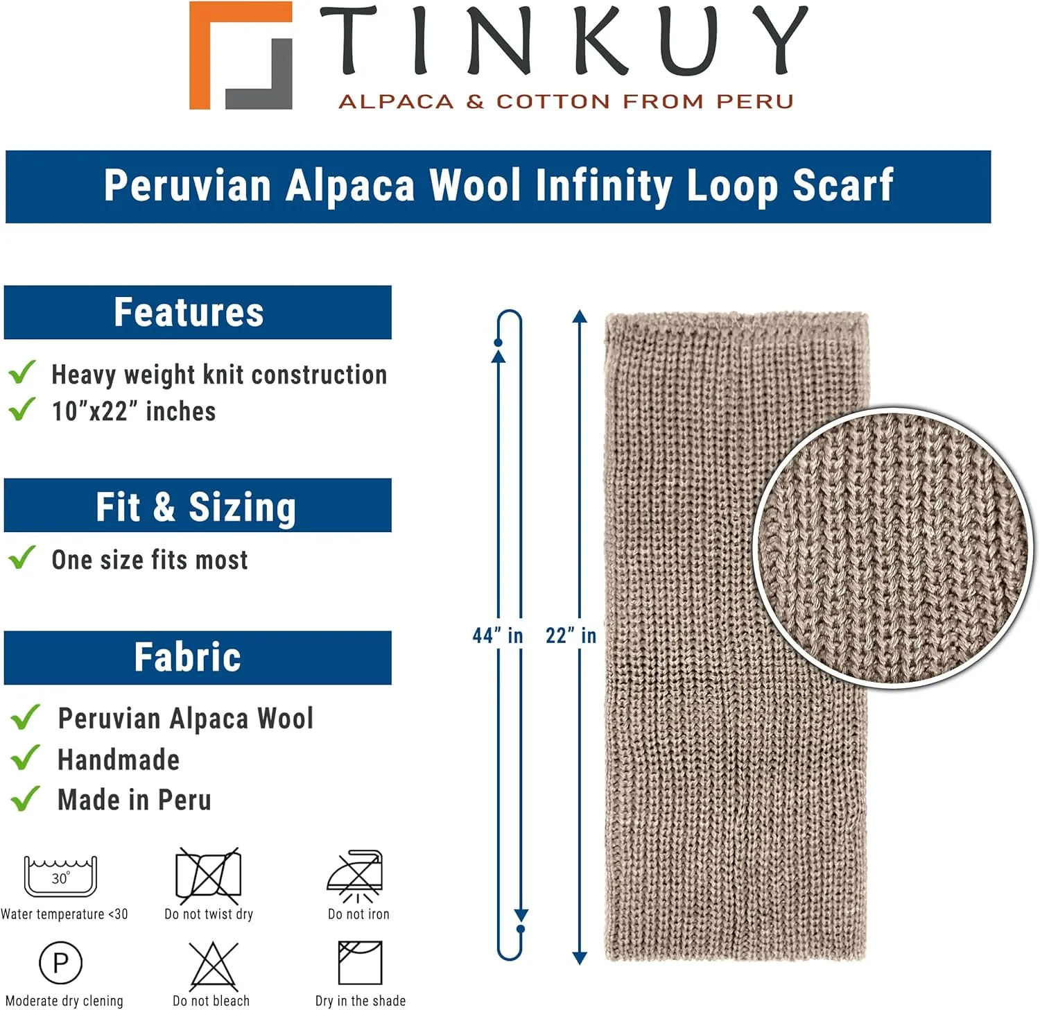 TINKUY PERU Chunky Knitted Scarf, Warm Authentic Peruvian Alpaca Wool Infinity Snood Scarf for Winter, Unisex, One Size