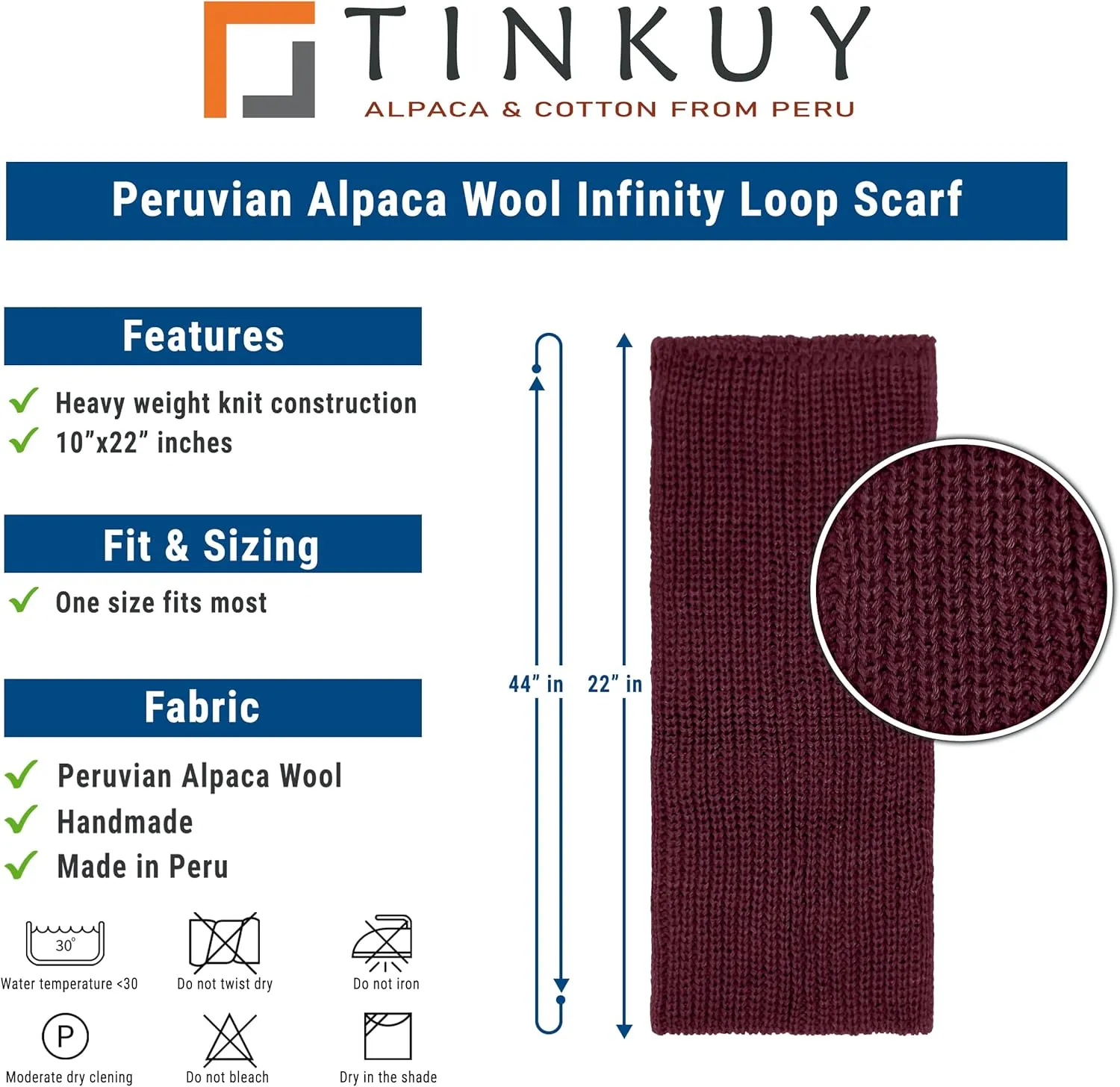 TINKUY PERU Chunky Knitted Scarf, Warm Authentic Peruvian Alpaca Wool Infinity Snood Scarf for Winter, Unisex, One Size