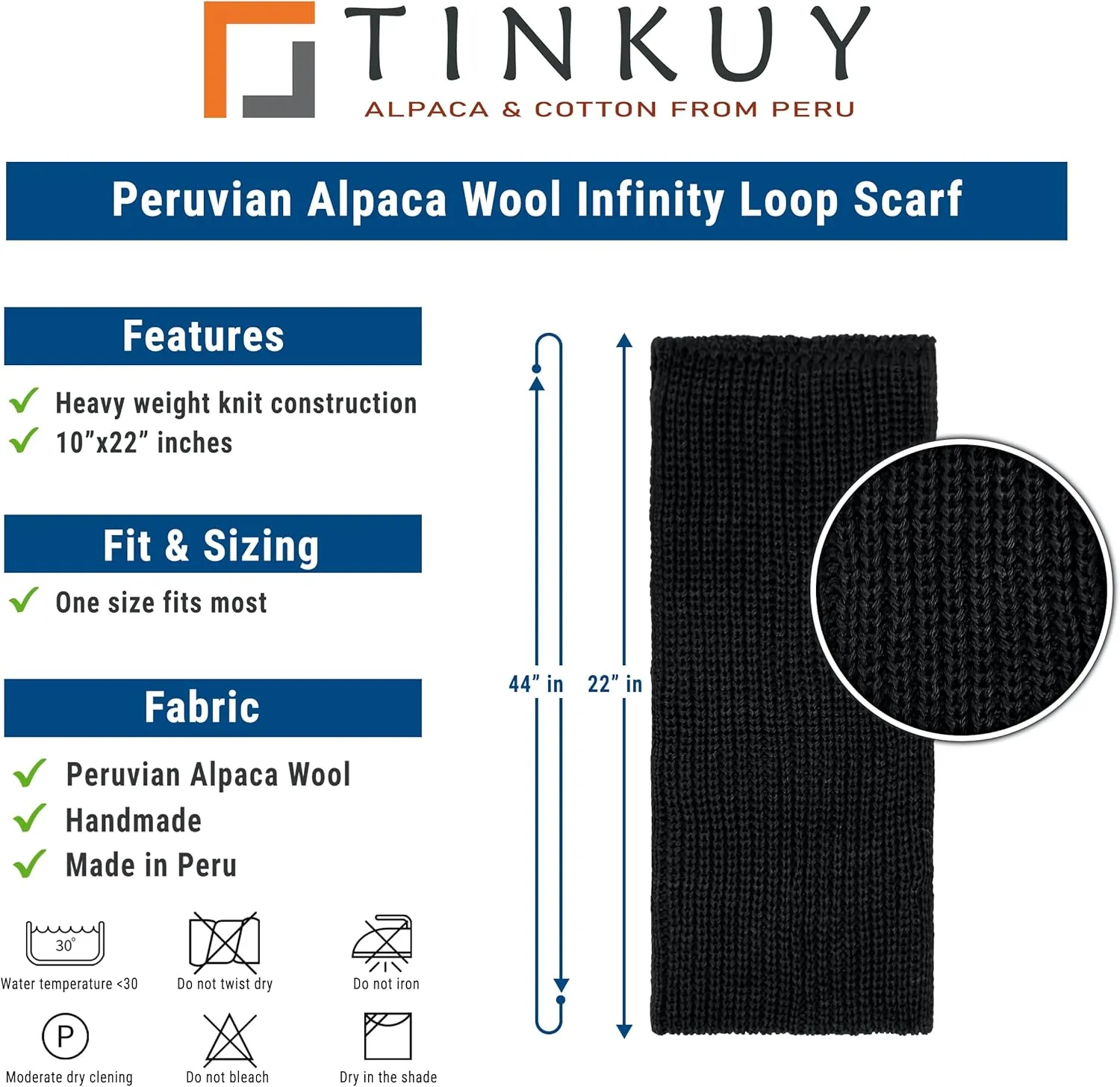 TINKUY PERU Chunky Knitted Scarf, Warm Authentic Peruvian Alpaca Wool Infinity Snood Scarf for Winter, Unisex, One Size
