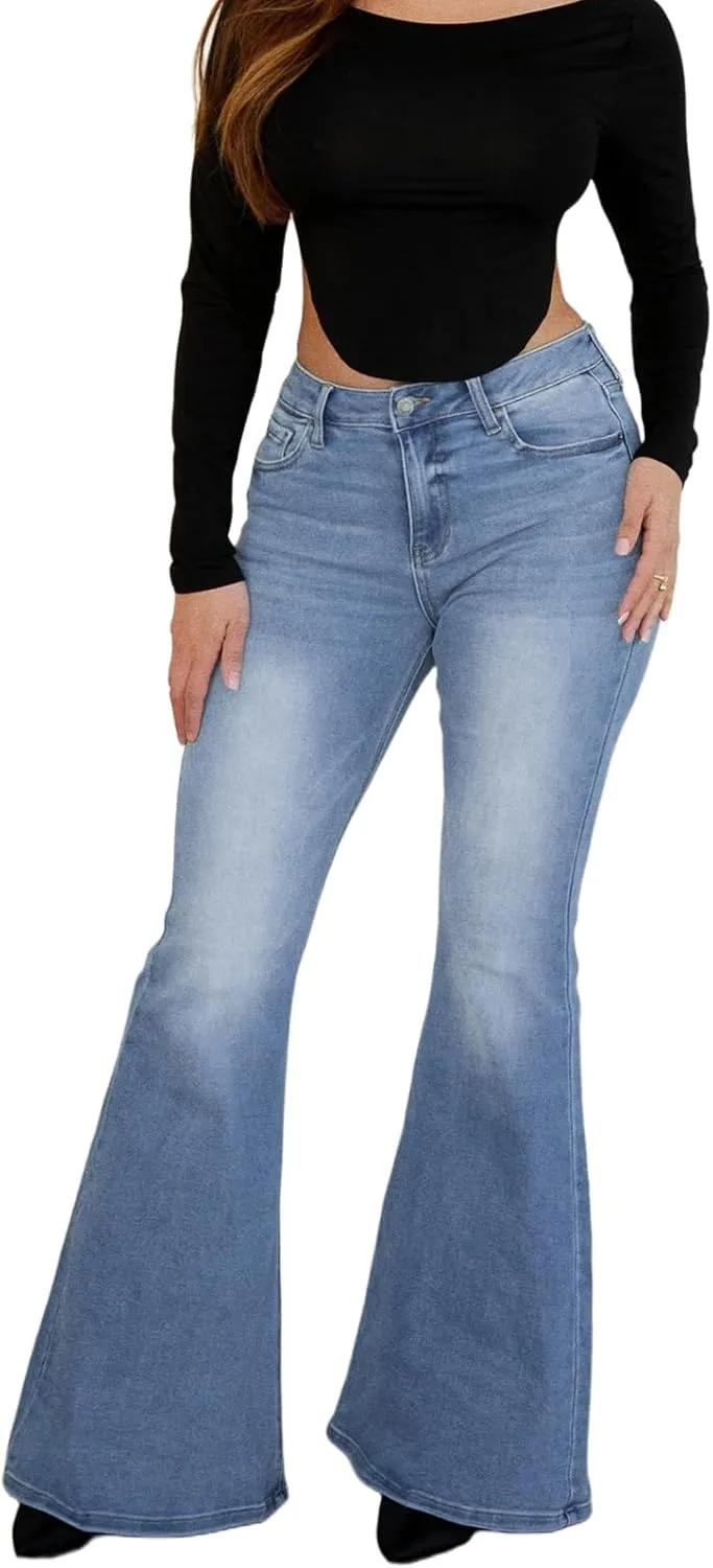 TodTan Women's Ripped Jeans High Waisted Bell Bottom Jeans Hem Destroyed Denim Pants