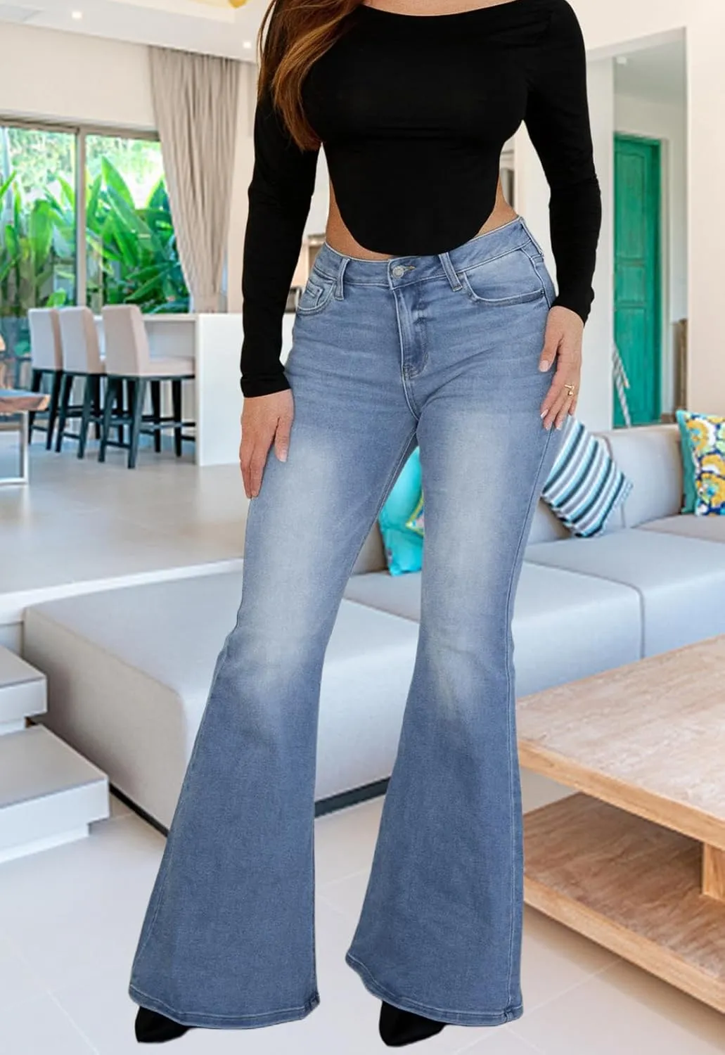 TodTan Women's Ripped Jeans High Waisted Bell Bottom Jeans Hem Destroyed Denim Pants