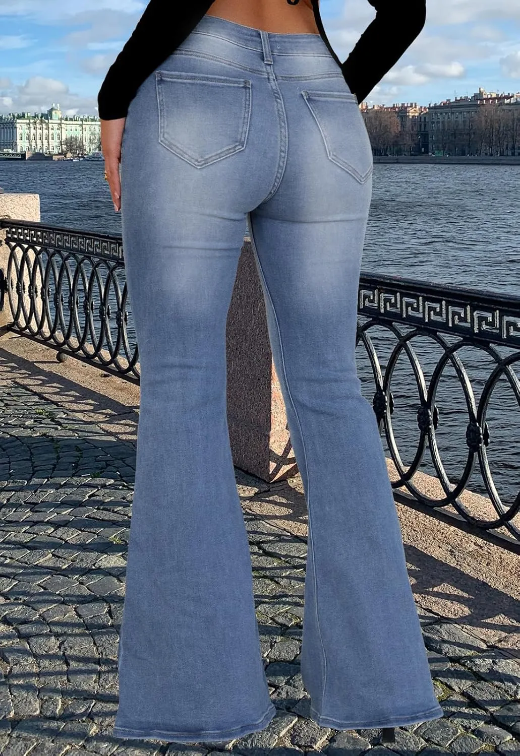 TodTan Women's Ripped Jeans High Waisted Bell Bottom Jeans Hem Destroyed Denim Pants