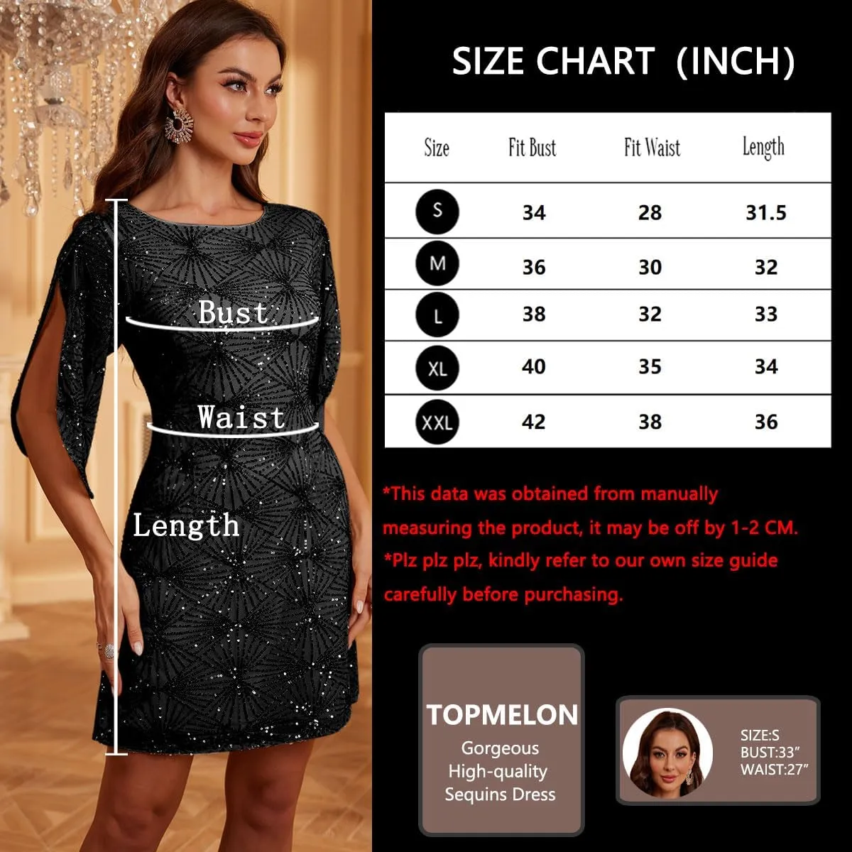TOPMELON Women's Cocktail Sequin Shift Dress 3/4 Sleeve Glitter Dress Sparkly Formal Cocktail Dress for Wedding Guest