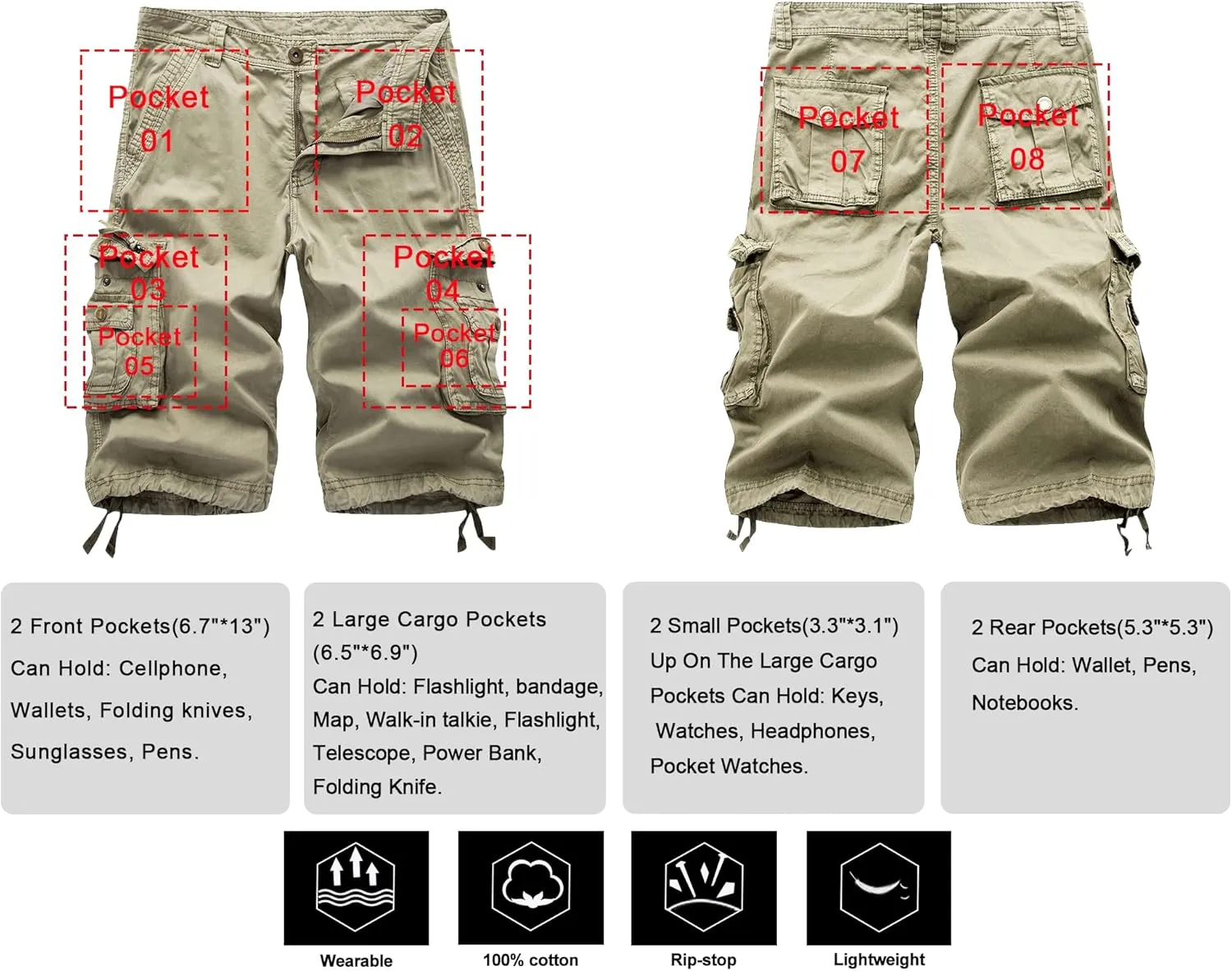 TRGPSG Men's Cargo Shorts, Relaxed Fit Capri Cotton Shorts, Below Knee 13" Inseam Casual Shorts Multi-Pocket Camo Shorts