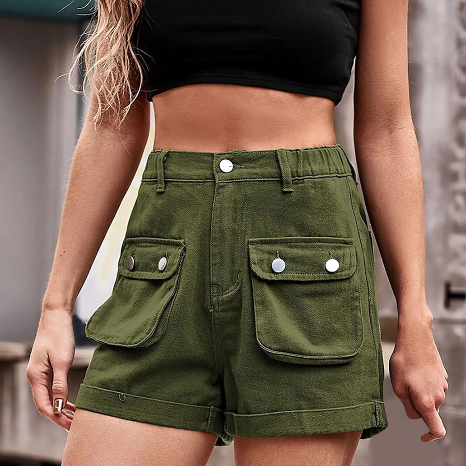 Uillui Women's Girls Cargo Shorts Summer Relaxed Fit Hiking Bermuda Shorts Denim Distressed High Waisted Pockets Jean Shorts