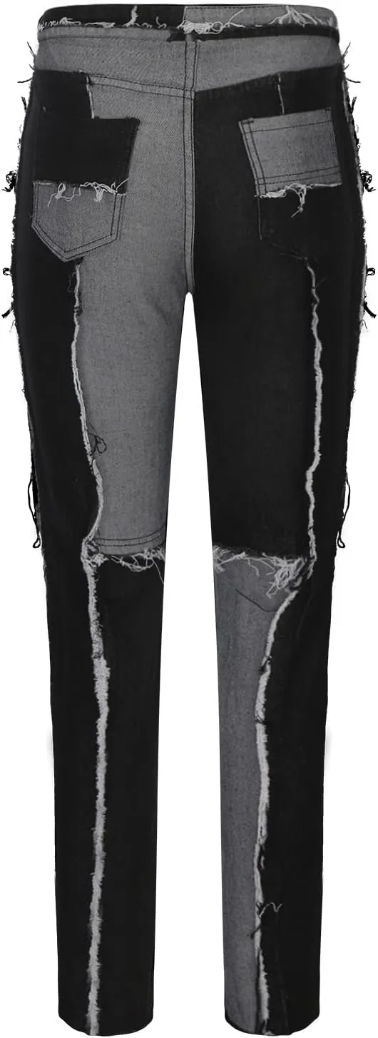 Uillui Womens Patchwork Straight Leg Jeans Stretch High Waisted Distressed Ripped Denim Pants Trendy Color Block Patch Jeans