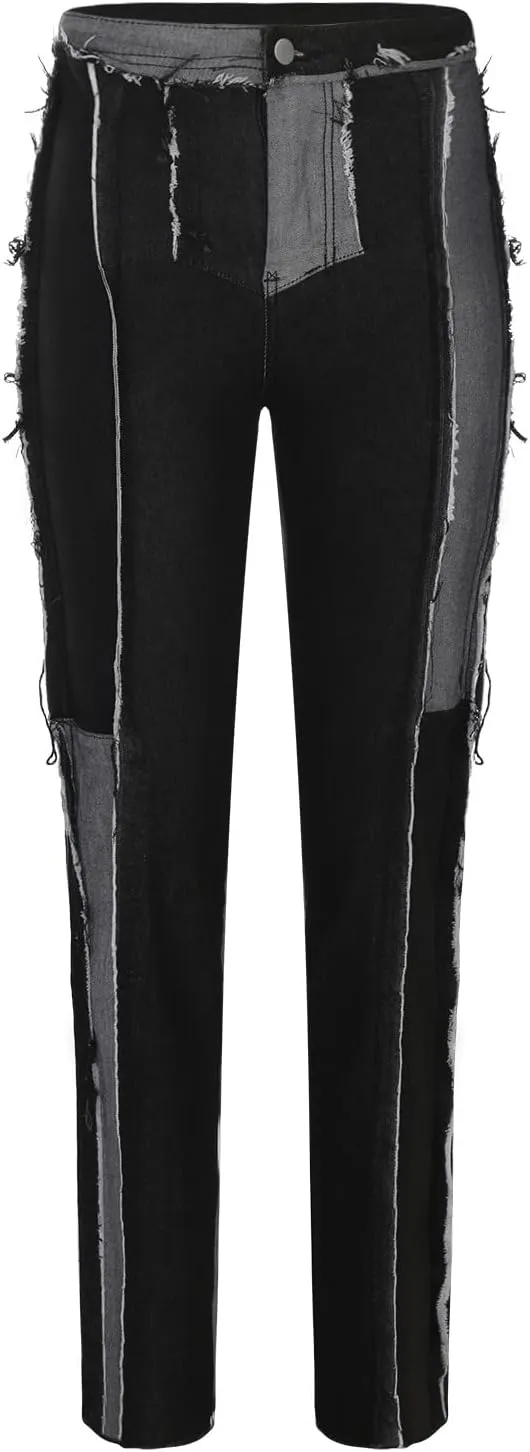 Uillui Womens Patchwork Straight Leg Jeans Stretch High Waisted Distressed Ripped Denim Pants Trendy Color Block Patch Jeans