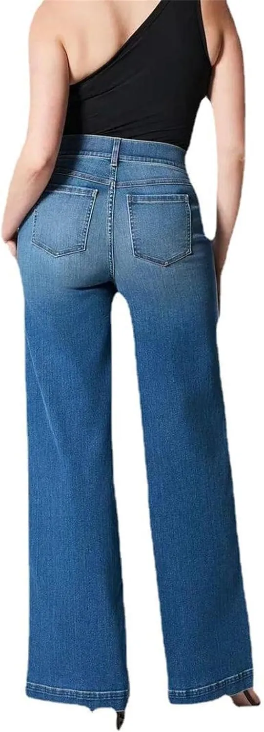 Ujicde Womens Seamed Front Wide Leg Jeans, Favorite High Waisted Jeans, Shaping Pull-On Straight Leg Elasticity Pants