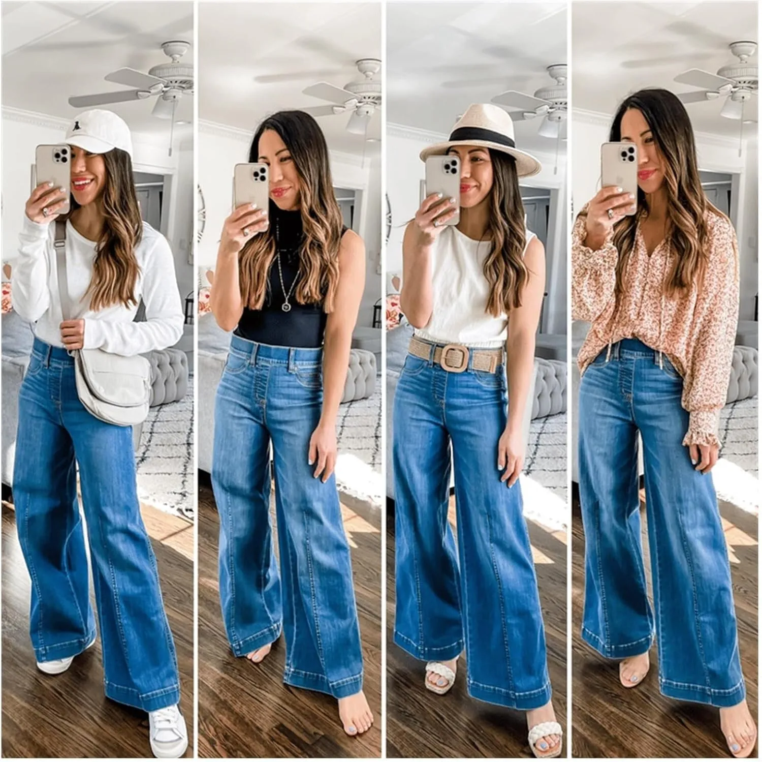 Ujicde Womens Seamed Front Wide Leg Jeans, Favorite High Waisted Jeans, Shaping Pull-On Straight Leg Elasticity Pants