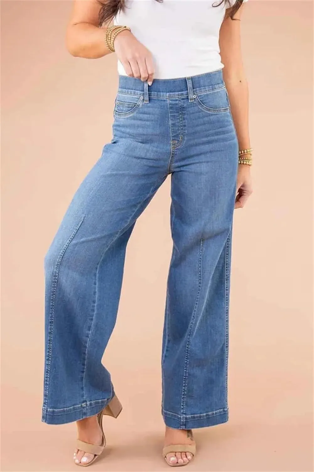 Ujicde Womens Seamed Front Wide Leg Jeans, Favorite High Waisted Jeans, Shaping Pull-On Straight Leg Elasticity Pants