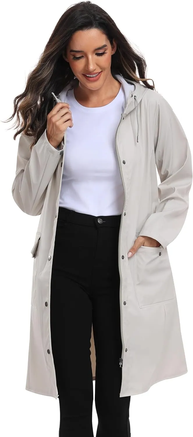 UNIQUEBELLA Rain Jackets for Women Waterproof, Raincoat Long Hooded Rain Coats Outdoor Windbreaker Trench Coat