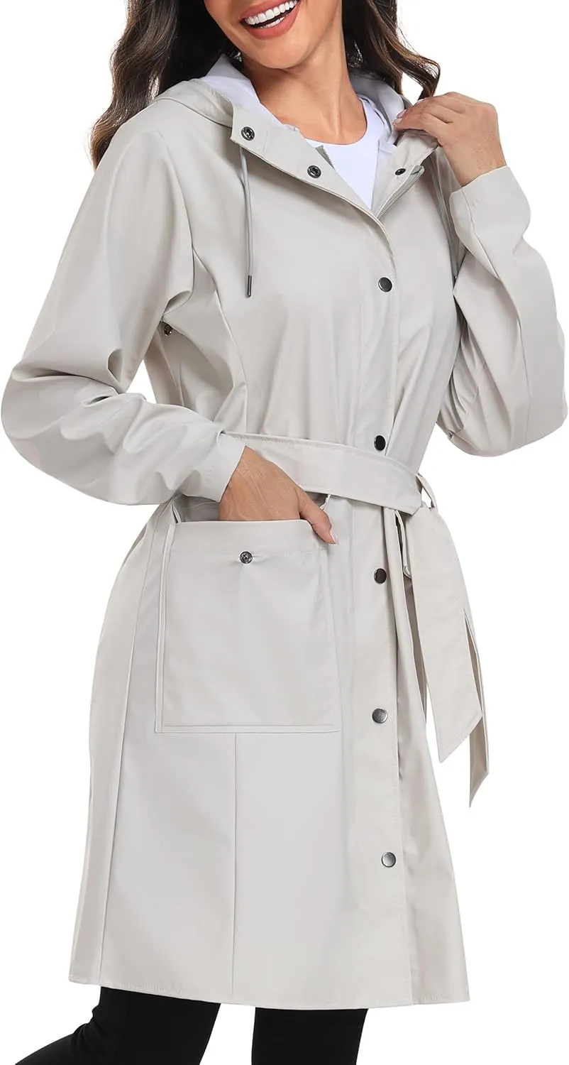 UNIQUEBELLA Rain Jackets for Women Waterproof, Raincoat Long Hooded Rain Coats Outdoor Windbreaker Trench Coat