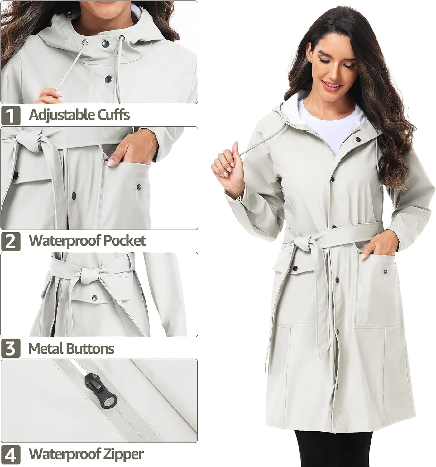 UNIQUEBELLA Rain Jackets for Women Waterproof, Raincoat Long Hooded Rain Coats Outdoor Windbreaker Trench Coat