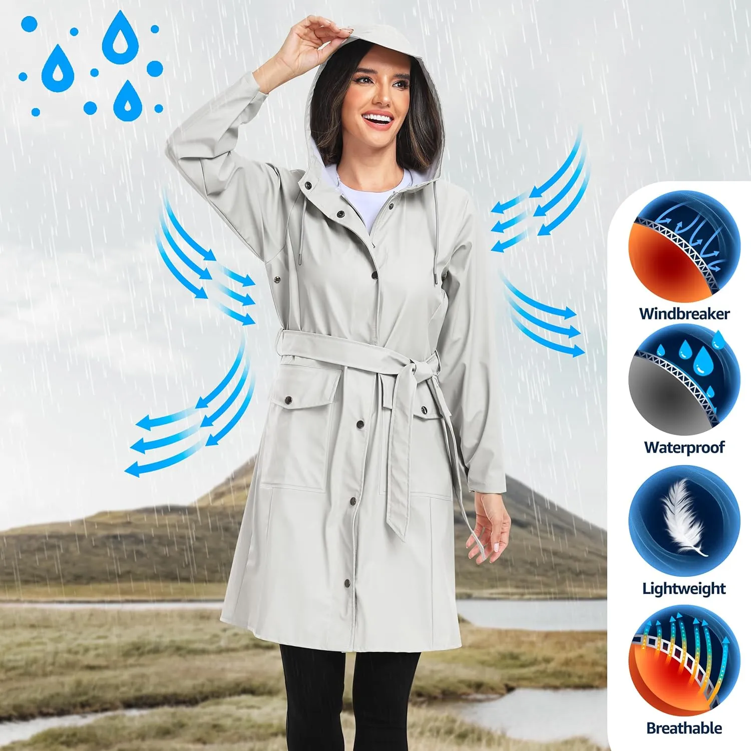 UNIQUEBELLA Rain Jackets for Women Waterproof, Raincoat Long Hooded Rain Coats Outdoor Windbreaker Trench Coat