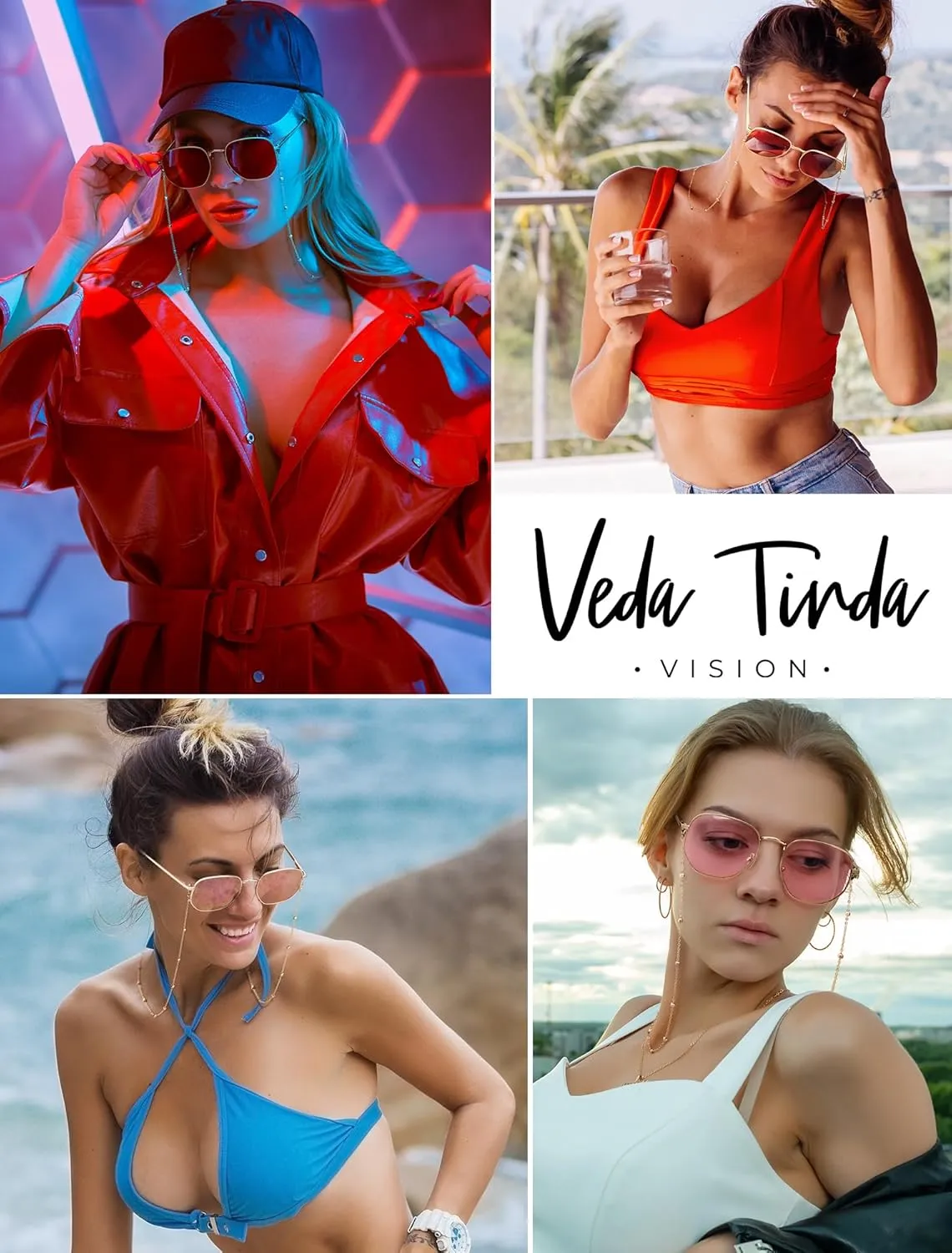 Veda Tinda Vision Sunglasses for Women Trendy Retro 70s 90s Womens Oval and Square Shades UV400 Protection with Glasses Chain