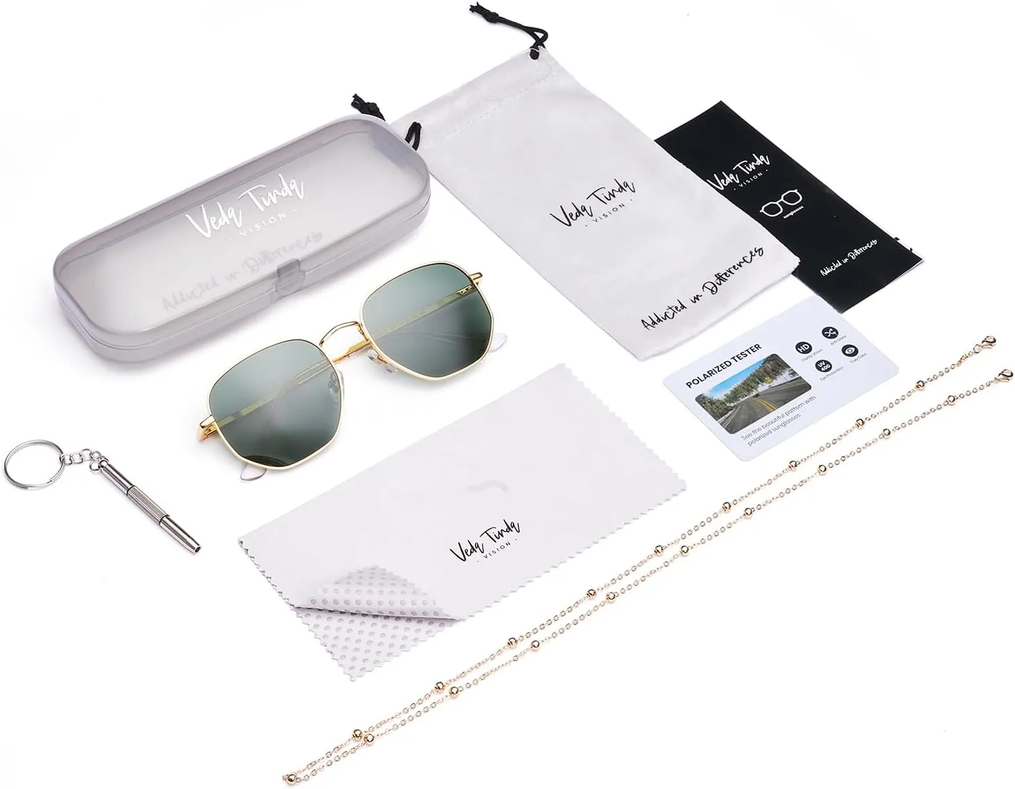 Veda Tinda Vision Sunglasses for Women Trendy Retro 70s 90s Womens Oval and Square Shades UV400 Protection with Glasses Chain