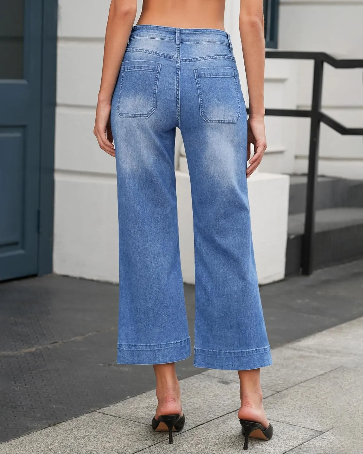 Vetinee Wide Leg Jeans for Women High Waisted Trendy Front Patch Pocket Flare Cropped Jeans Stretchy Denim Jean Pants