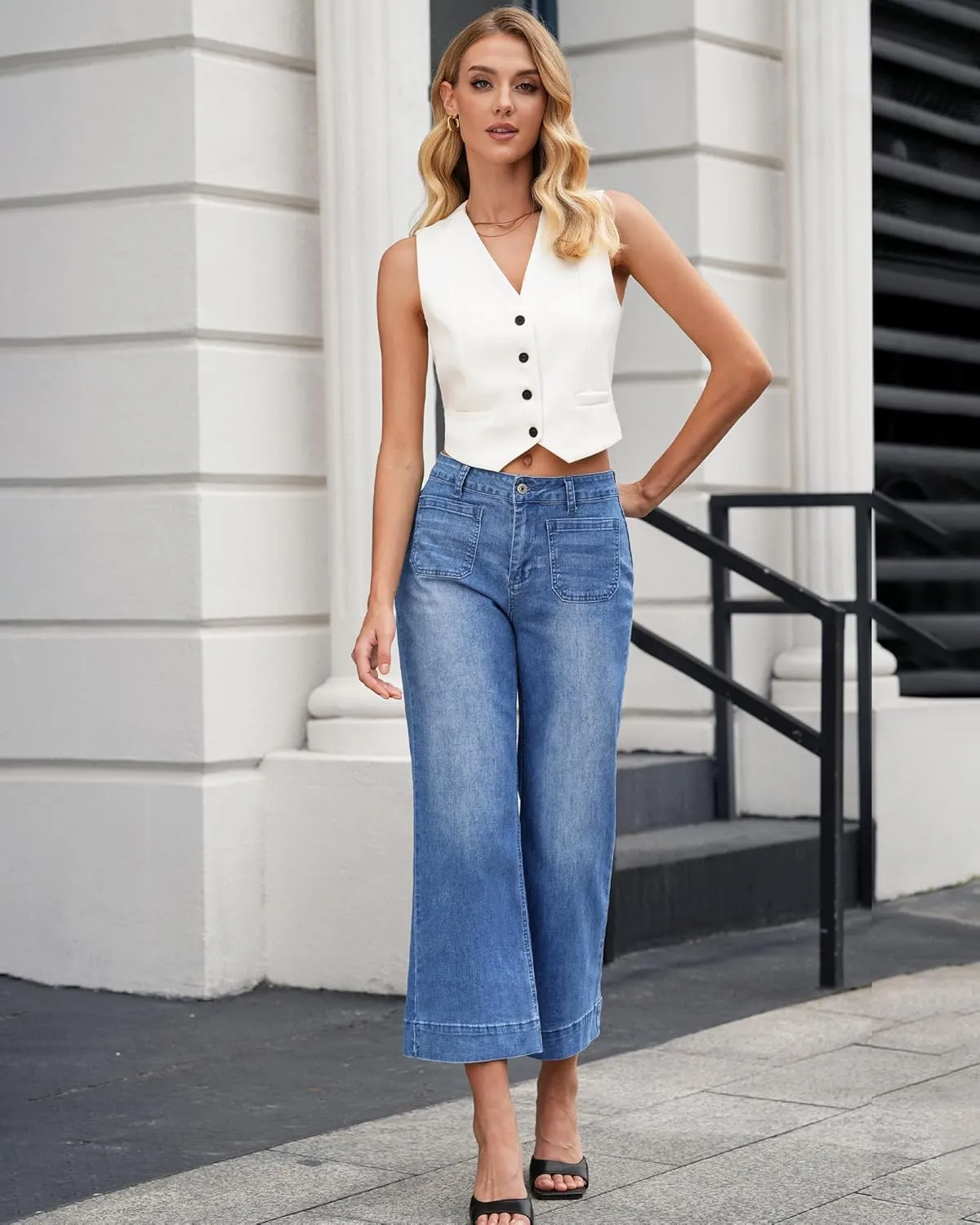 Vetinee Wide Leg Jeans for Women High Waisted Trendy Front Patch Pocket Flare Cropped Jeans Stretchy Denim Jean Pants