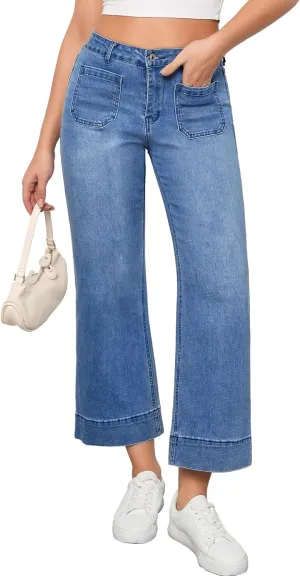 Vetinee Wide Leg Jeans for Women High Waisted Trendy Front Patch Pocket Flare Cropped Jeans Stretchy Denim Jean Pants
