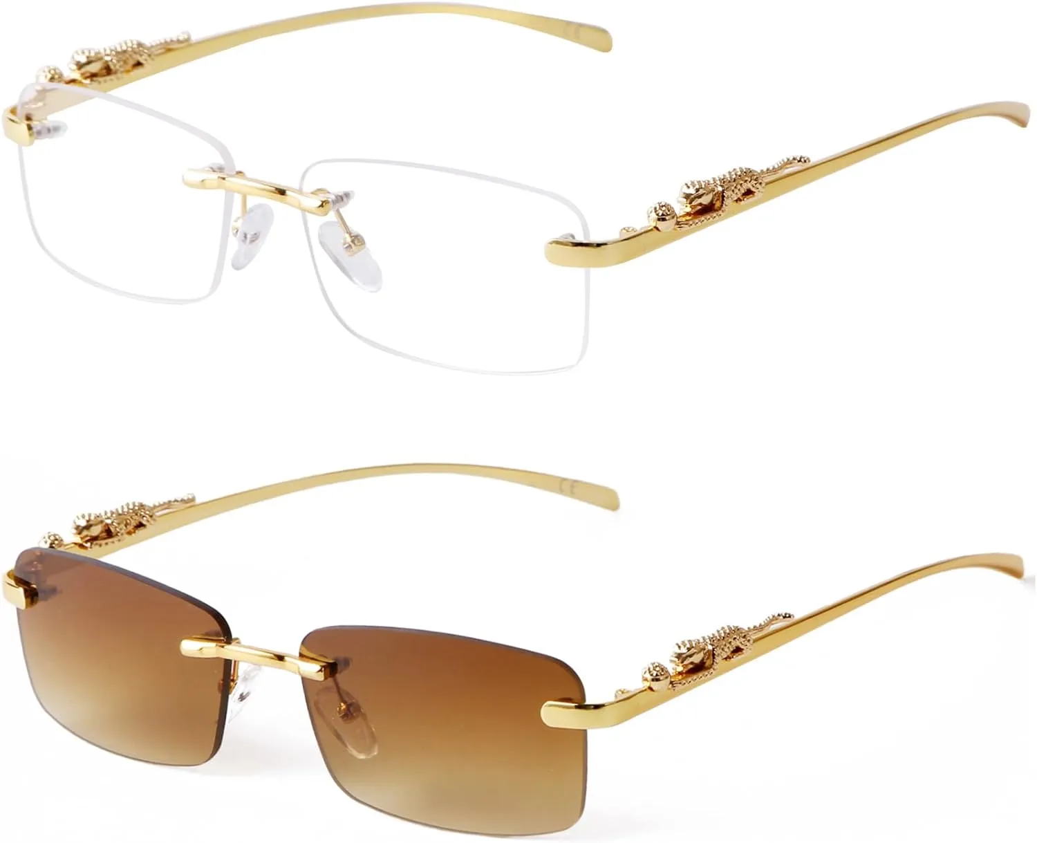 Vintage Rimless Rectangle Sunglasses for Women Men,Trendy Gold Metal Frameless Square Sun Glasses Transparent Eyewear