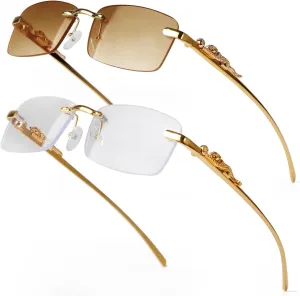 Vintage Rimless Rectangle Sunglasses for Women Men,Trendy Gold Metal Frameless Square Sun Glasses Transparent Eyewear