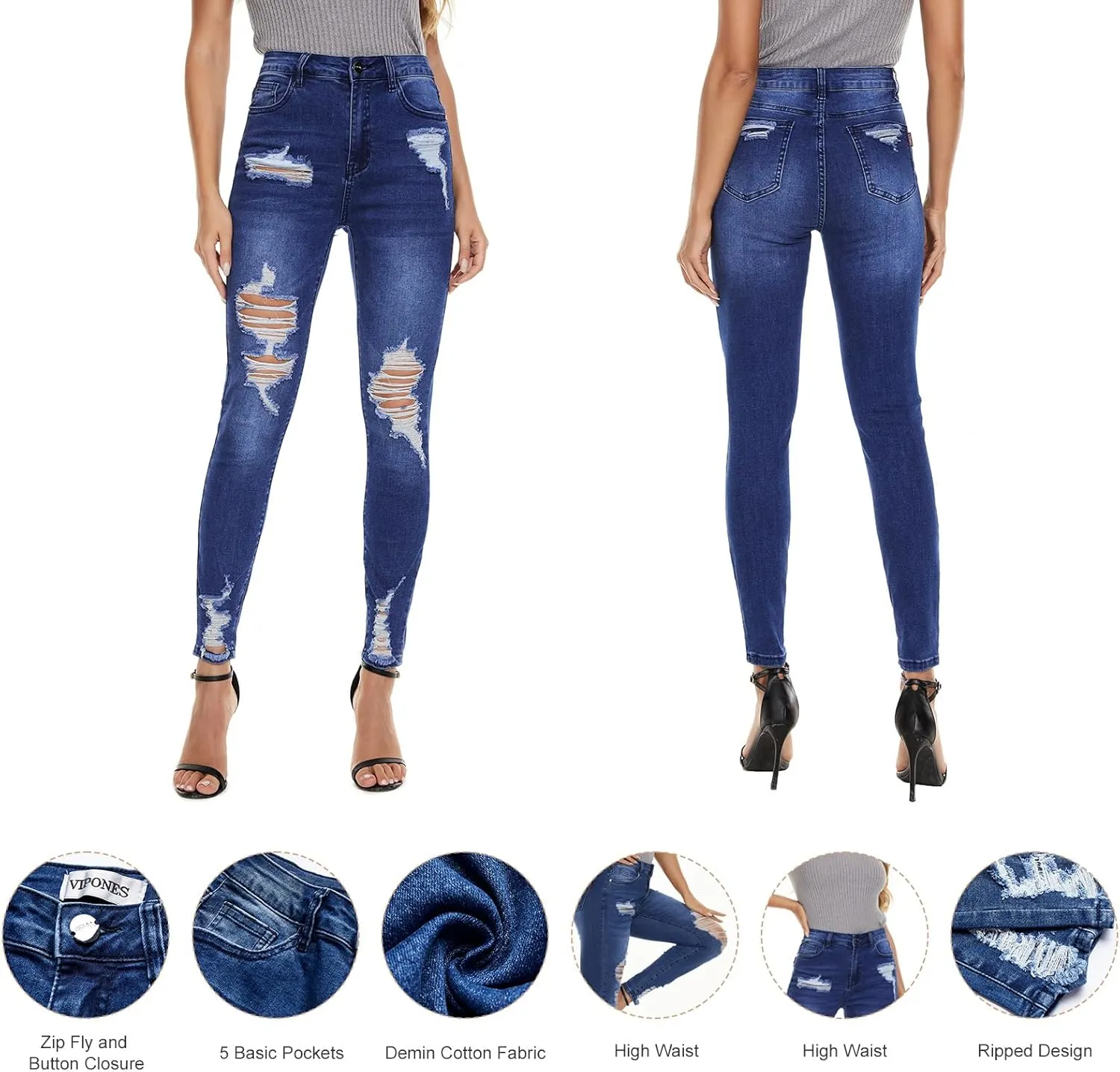 VIPONES Women Jeans High Waisted Skinny Stretchy Soft Slim Fit Distressed Comfy Classic Jeggings Denim Pants